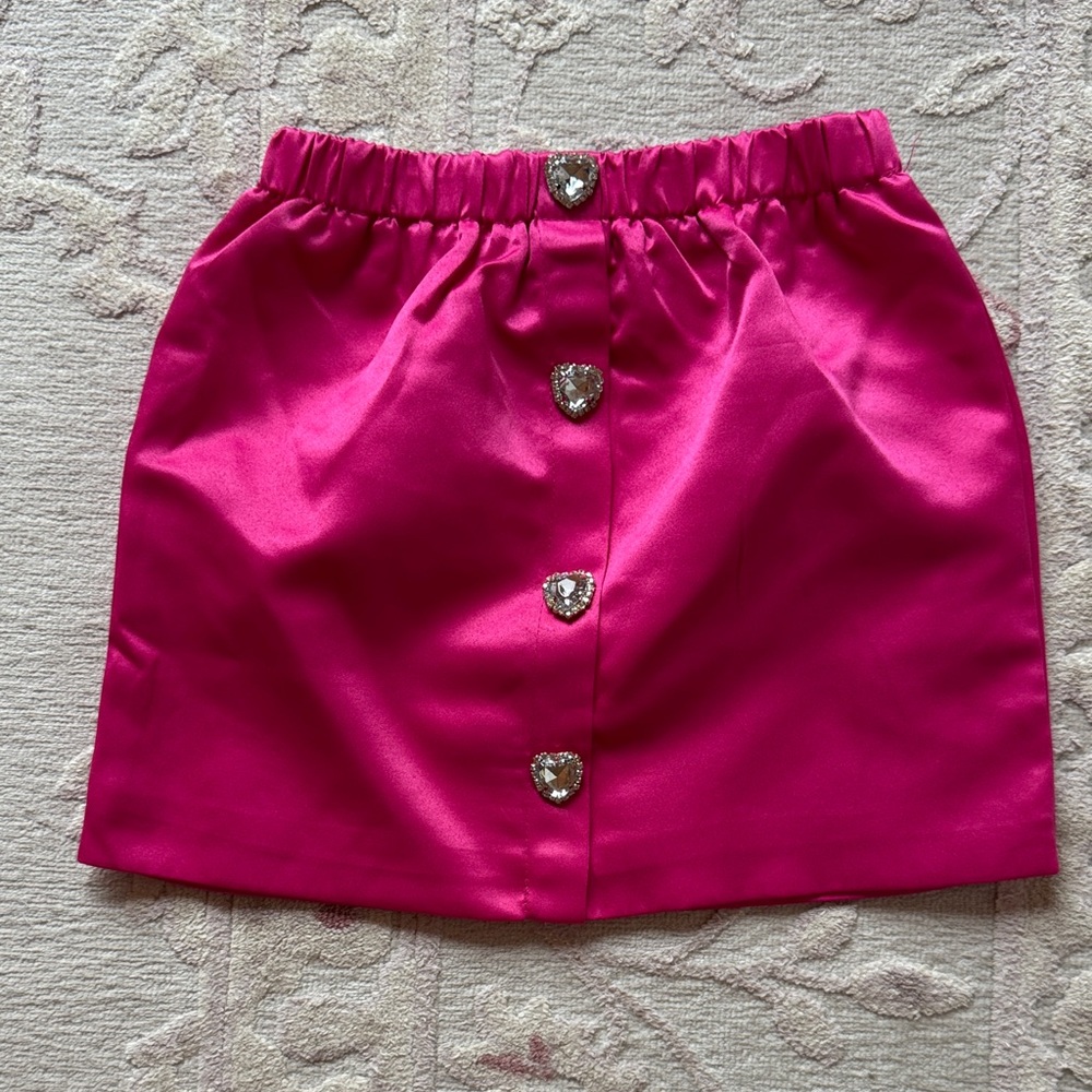 Girls' Hot Pink Satin Mini Skirt with Heart Gem Buttons